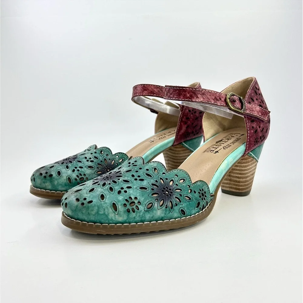 L'Artiste Spring Step Parchetta Blum Blue Multi Leather Heels Shoes 38 US 7.5-8